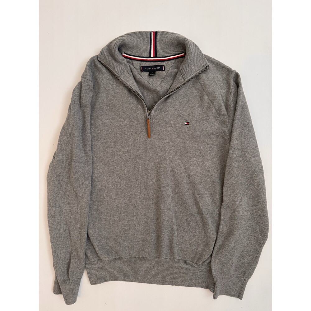 Tommy Hilfiger Men's M Quarter Zip Sweater Pullover Gray Navy Collar Embroidered